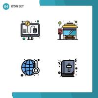 Stock Vector Icon Pack mit 4 Zeilenzeichen und Symbolen für Klickabfall Online-Zahlung City Bus Terminal Bibel editierbare Vektordesign-Elemente