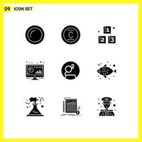 Stock Vector Icon Pack mit 9 Zeilenzeichen und Symbolen für Groastl Coin Monitor abc Computeranalytisch editierbare Vektordesign-Elemente