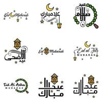 modern packa av 9 vektor illustrationer av hälsningar lyckönskningar för islamic festival eid al Adha eid al fitr gyllene måne lykta med skön skinande stjärnor