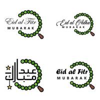 Packung mit 4 dekorativen Schriftarten, Kunstdesign, Eid Mubarak, mit moderner Kalligrafie, bunten Mondsternen, Laternenverzierungen, mürrisch vektor