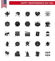 glücklicher unabhängigkeitstag 4. juli satz von 25 festen glyphen amerikanisches piktogramm von ammern flagge im freien landzeichen editierbare usa tag vektor design elemente