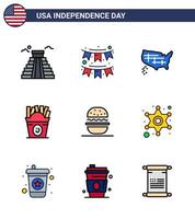 Packung mit 9 kreativen USA-Unabhängigkeitstag-bezogenen flachen gefüllten Linien von Burger-Lebensmittelgirlanden-Fastfood-USA-editierbaren USA-Tag-Vektordesign-Elementen vektor