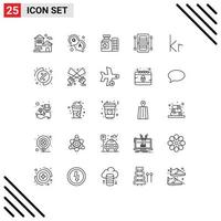 Gruppe von 25 Zeilen Zeichen und Symbolen für Währung Kajak Medizin Spiel Leichtathletik editierbare Vektordesign-Elemente vektor