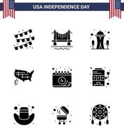 Packung mit 9 kreativen USA-Unabhängigkeitstag-bezogenen soliden Glyphen des Datums American Landmark USA-Staaten editierbare USA-Tag-Vektordesign-Elemente vektor