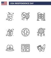 USA oberoende dag linje uppsättning av 9 USA piktogram av fågel pommes frites dörr frites snabb redigerbar USA dag vektor design element