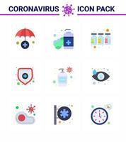 Corona Virus Disease 9 Flat Color Icon Pack saugt als Handwaschcreme Medikamente Flasche Krankenversicherung virales Coronavirus 2019nov Krankheitsvektor Designelemente vektor