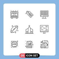 Mobile Interface Gliederungssatz von 9 Piktogrammen historischer christlicher Technologie Gebäude Sport editierbare Vektordesign-Elemente vektor