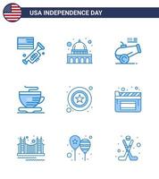 9 blaue Zeichen für Usa-Unabhängigkeitstag Star Men Big Gun Kaffee Tee editierbare Usa-Tag-Vektordesign-Elemente vektor