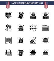 glücklicher unabhängigkeitstag 4. juli satz von 16 soliden glyphen amerikanisches piktogramm von indiana party building day balloons editable usa day vector design elements