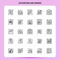 Umriss 25 Buchhaltung und Finanzen Icon Set Vektor Linienstil Design schwarze Icons Set lineares Piktogrammpaket Web und mobile Geschäftsideen entwerfen Vektorillustration