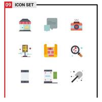 Aktienvektor-Icon-Pack mit 9 Zeilenzeichen und Symbolen für Karte Pin-Cam-Karte Stadt editierbare Vektordesign-Elemente vektor