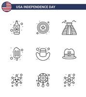 Usa Happy Independence Day Piktogrammsatz aus 9 einfachen Linien von Cap Hat American Cap Cream editierbare Usa Day Vektordesign-Elemente vektor