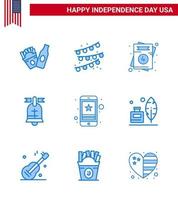 Lycklig oberoende dag 4:e juli uppsättning av 9 blues amerikan pictograph av mobil stjärna USA cell amerikan redigerbar USA dag vektor design element