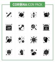 16 Solid Glyph Black Virus Corona Icon Pack wie Wasserwäsche Knochen Healthcare Patient virales Coronavirus 2019nov Krankheitsvektor Designelemente vektor