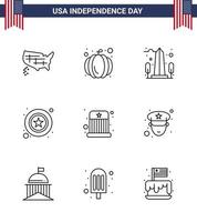 gruppe von 9 linien für den unabhängigkeitstag der vereinigten staaten von amerika wie unterhaltungszeichen monument star men editierbare usa day vector design elements