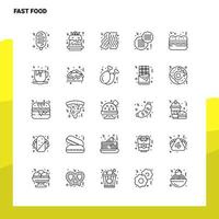 Set von Fast-Food-Liniensymbolen Set 25 Symbole Vektor-Minimalismus-Stildesign Schwarze Symbole setzen lineares Piktogrammpaket vektor