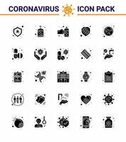 25 solides Glyphen-Coronavirus covid19-Symbolpaket wie Bakterienschildgesten medizinischer Schutz virales Coronavirus 2019nov-Krankheitsvektor-Designelemente vektor