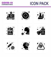 9 Solid Glyph Black Virus Corona Icon Pack wie Krankenakte Krankenhaus Diagramm Zeichen Gesundheitslabor Virus Coronavirus 2019nov Krankheitsvektor Designelemente vektor