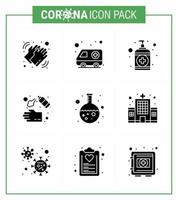 Corona-Virus 2019 und 2020 Epidemie 9 festes Glyphen-Schwarz-Icon-Pack wie Waschen Hand Transport Reinigung Pflege virales Coronavirus 2019nov Krankheit Vektordesign-Elemente vektor