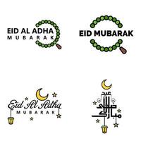 vektor hälsning kort för eid mubarak design hängande lampor gul halvmåne swirly borsta typsnitt packa av 4 eid mubarak texter i arabicum på vit bakgrund