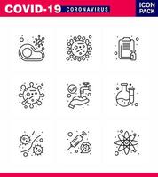 Corona-Virus-Krankheit 9-Zeilen-Icon-Pack saugt als Fehler Medizin Covid-Bericht Gesundheitswesen Virus-Coronavirus 2019nov-Krankheitsvektor-Designelemente vektor
