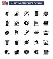 Happy Independence Day 25 Solid Glyph Icon Pack für Web und Print Abzeichen Feier Fledermaus Vogel Demokratisch editierbare Usa Day Vektor Design Elemente