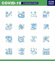 16 blaue Virus-Corona-Icon-Packs wie Feuchtigkeitscreme, Handwäsche, keine Bodybuilding-Hand, virales Coronavirus 2019nov-Krankheitsvektor-Designelemente vektor