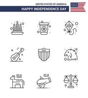 Happy Independence Day Pack mit 9 Zeilen Zeichen und Symbolen für Animal Seurity Flying Shield American Editable Usa Day Vector Design Elements