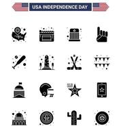 4:e juli USA Lycklig oberoende dag ikon symboler grupp av 16 modern fast glyfer av fladdermus amerikan cirkus USA skum hand redigerbar USA dag vektor design element