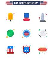 USA oberoende dag platt uppsättning av 9 USA piktogram av flagga förenad monument stater amerikan redigerbar USA dag vektor design element