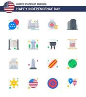 Packung mit 16 Usa-Unabhängigkeitstag-Feierwohnungsschildern und 4. Juli-Symbolen wie Bar-Büro-Tourismus-Gebäude Geld editierbare Usa-Tag-Vektordesign-Elemente vektor
