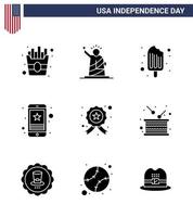 moderner satz von 9 soliden glyphen und symbolen am usa-unabhängigkeitstag wie abzeichen mobile kalte smartphone-zelle editierbare usa-tag-vektordesignelemente vektor