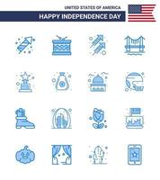 USA oberoende dag blå uppsättning av 16 USA piktogram av prestation stad st byggnad skjuta redigerbar USA dag vektor design element