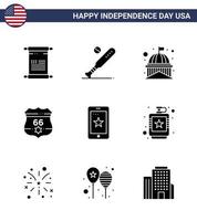 glücklicher unabhängigkeitstag 4. juli satz von 9 soliden glyphen amerikanisches piktogramm des sicherheitsschildes usa amerikanische usa editierbare usa tag vektor design elemente