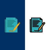 Vereinbarung Bericht Formular Layout Papier Symbole flach und Linie gefüllt Symbolsatz Vektor blauen Hintergrund