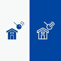 Stadtbau Haussuchlinie und Glyphe solides Symbol blaues Banner Linie und Glyphe solides Symbol blaues Banner vektor