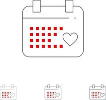 kalender dag kärlek bröllop djärv och tunn svart linje ikon uppsättning vektor