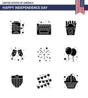 Lycklig oberoende dag packa av 9 fast glyfer tecken och symboler för USA brand snabbmat fyrverkeri vin redigerbar USA dag vektor design element
