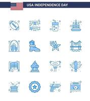 Lycklig oberoende dag 4:e juli uppsättning av 16 blues amerikan pictograph av byggnad ljus krans brand vin redigerbar USA dag vektor design element