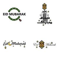 uppsättning av 4 vektorer eid mubarak Lycklig eid för du i arabicum kalligrafi stil lockigt manus med stjärnor lampa måne