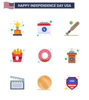 9 USA platt packa av oberoende dag tecken och symboler av näring munk baseboll frites snabb redigerbar USA dag vektor design element