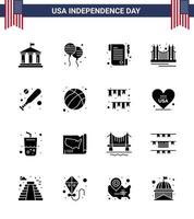 Stock Vektor Icon Pack mit amerikanischen Tag 16 solide Glyphen Zeichen und Symbole für Baseball Tourismus Papier Wahrzeichen Tor editierbare usa Tag Vektor Design Elemente