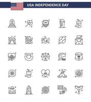 Stock Vektor Icon Pack mit amerikanischen Tag 25 Zeilenzeichen und Symbolen für Getränk Staaten Sicherheit Limonade Amerika editierbare Usa Tag Vektor Design Elemente