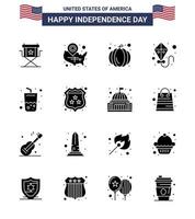 Happy Independence Day Pack mit 16 soliden Glyphen Zeichen und Symbolen für Drink Flying Wisconsin Summer Usa Festival editierbare Usa Day Vektordesign-Elemente vektor