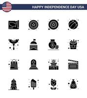 große packung mit 16 usa glücklicher unabhängigkeitstag usa vektor solide glyphen und editierbare symbole der wurst lebensmittelpolizei usa ball editierbare usa day vektor design elemente