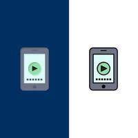 Telefonzelle spielen Videosymbole flach und Linie gefüllt Icon Set Vektor blauen Hintergrund