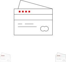 Kreditkarte Bankkarte Karten Kreditfinanzierung Geld einkaufen Fett und dünne schwarze Linie Symbolsatz vektor