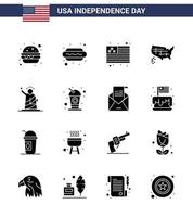 große packung mit 16 usa glücklicher unabhängigkeitstag usa vektor solide glyphen und editierbare symbole der statue freiheitsflagge wahrzeichen vereinigt editierbare usa tag vektor design elemente