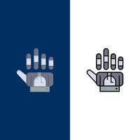 Tracking-Handschuh Hand Technologie Symbole flach und Linie gefüllt Icon Set Vektor blauen Hintergrund