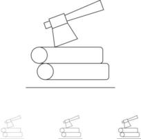 Axt Holz Holz Fett und dünne schwarze Linie Symbolsatz vektor